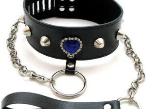 Черный кожаный ошейник с синим камнем