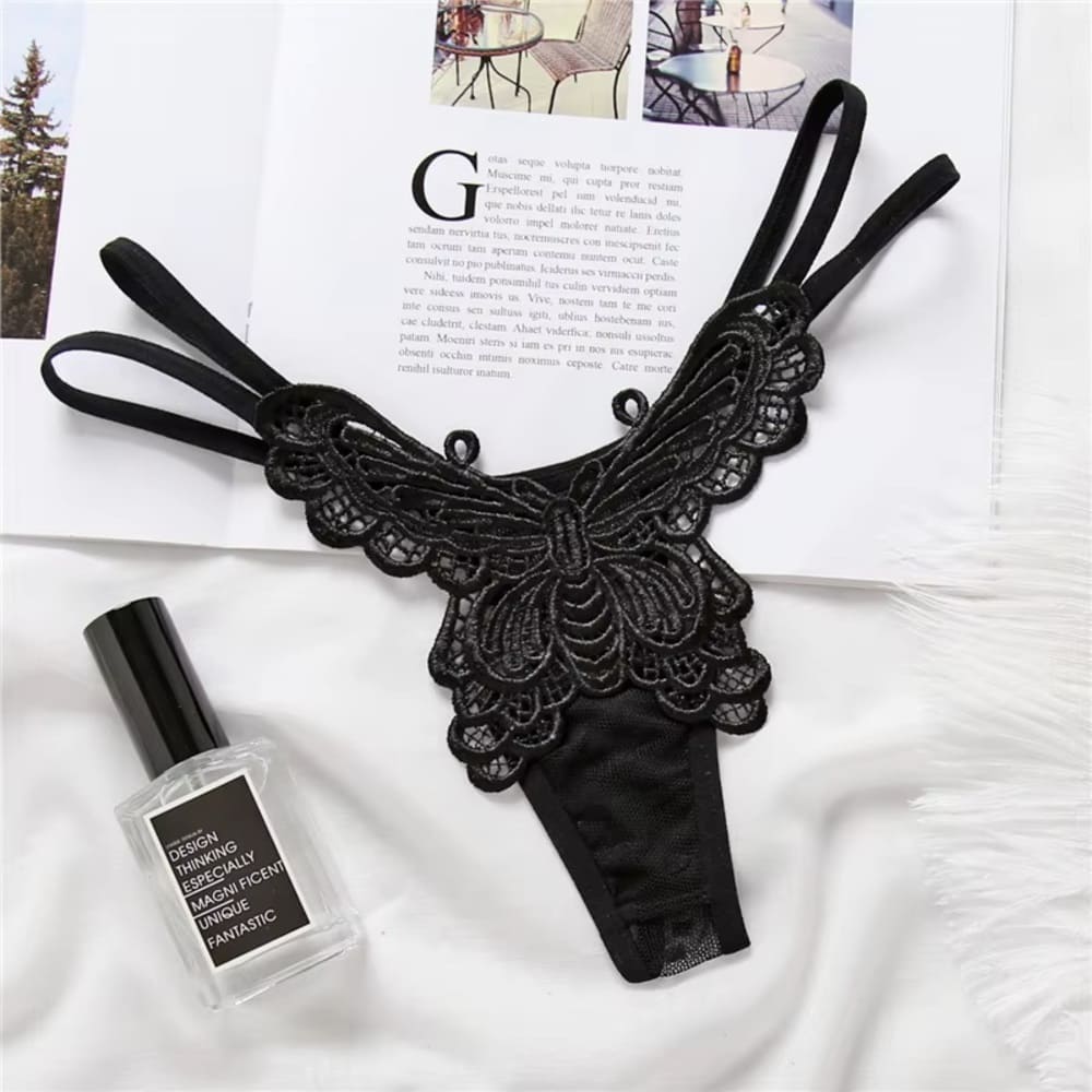 чорні мереживні трусики-стрінги з метеликом