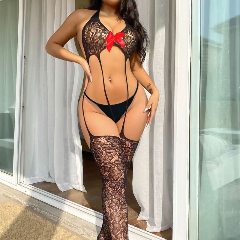 Чорний мереживний бодістокінг з підтяжками та декоративним бантом